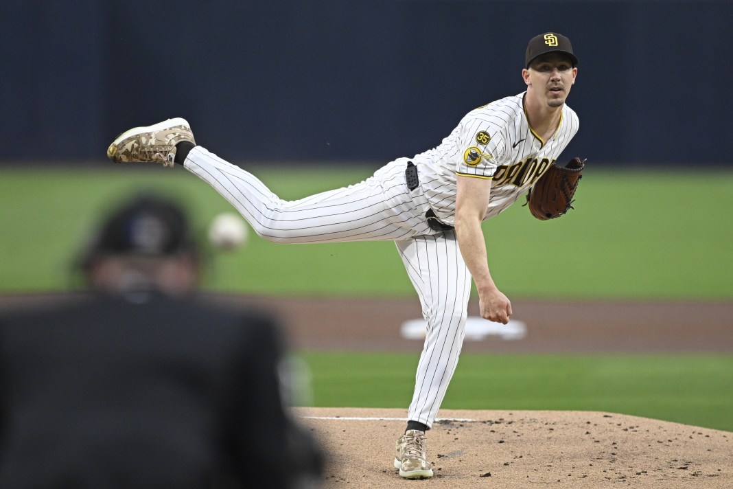 Padres starter Walker Buehler throws a pitch against the Giants during the 2026 MLB season.