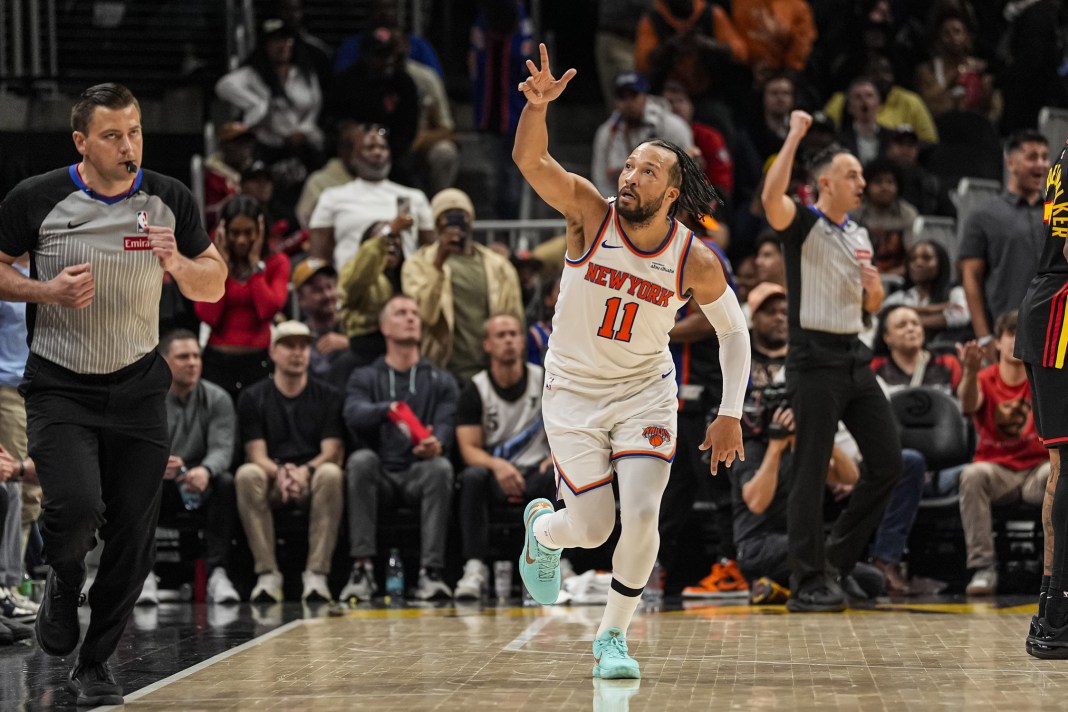 Knicks superstar Jalen Brunson celebrates a made shot against the Hawks during the 2025-26 NBA regular season.