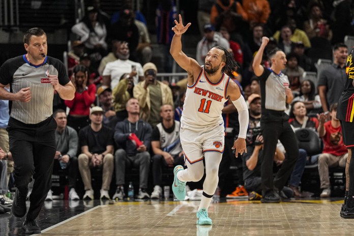 Knicks superstar Jalen Brunson celebrates a made shot against the Hawks during the 2025-26 NBA regular season.