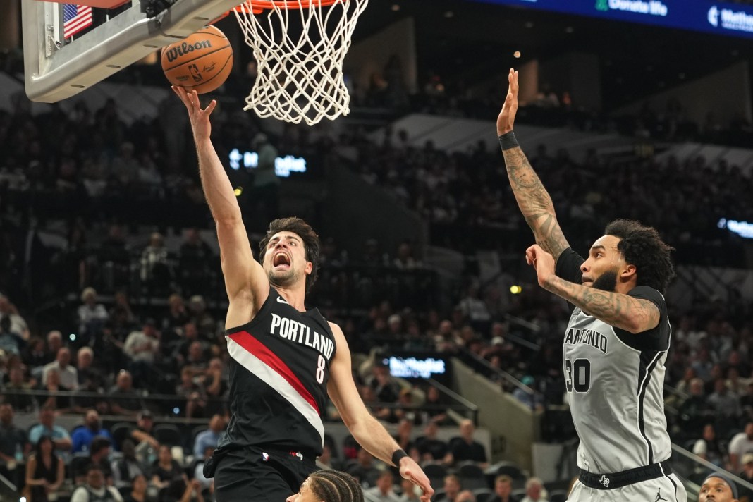 Blazers All-Star Deni Avdija goes to the basket against the Spurs in the 2025-26 NBA season.