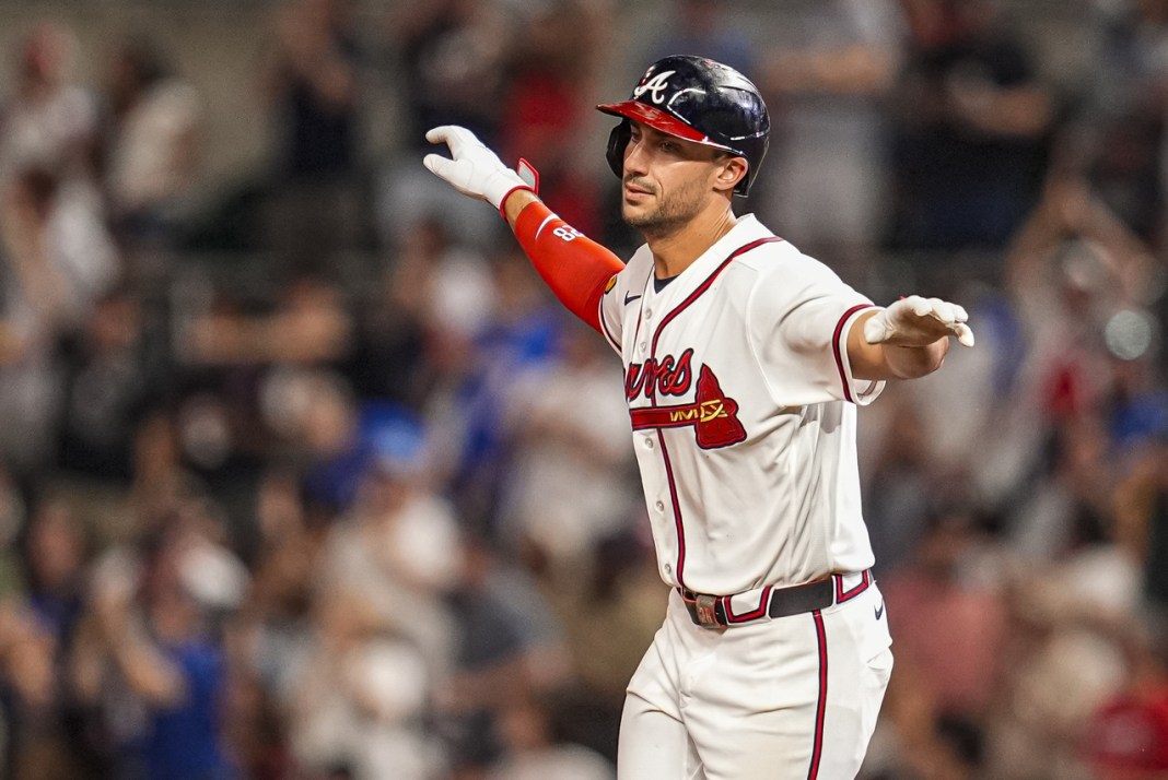 Braves Matt Olson celebrates a homer against the Marlins during the 2026 MLB season.
