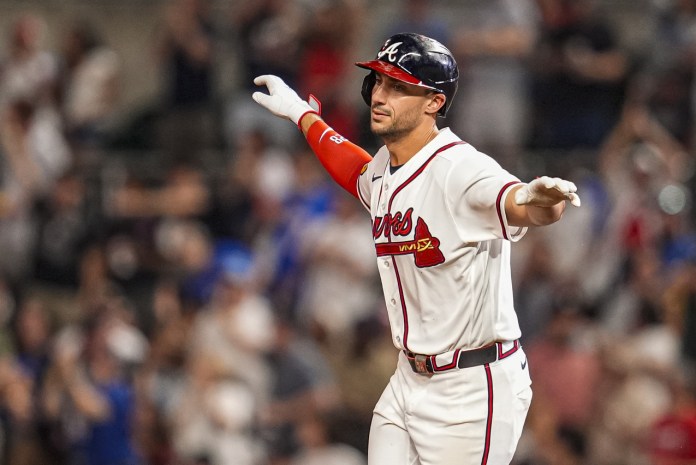 Braves Matt Olson celebrates a homer against the Marlins during the 2026 MLB season.