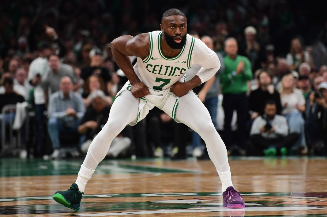 Celtics star Jaylen Brown versus the 76ers in the 2025-26 NBA Playoffs.