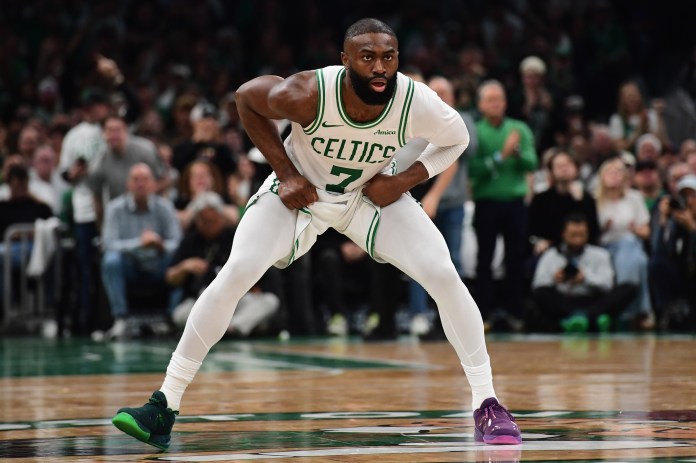 Celtics star Jaylen Brown versus the 76ers in the 2025-26 NBA Playoffs.