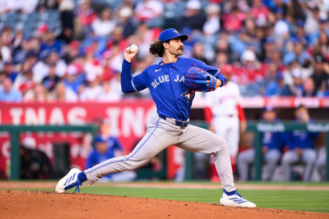 Blue Jays ace Dylan Cease throws a pitch against the Angels during the 2026 MLB season.