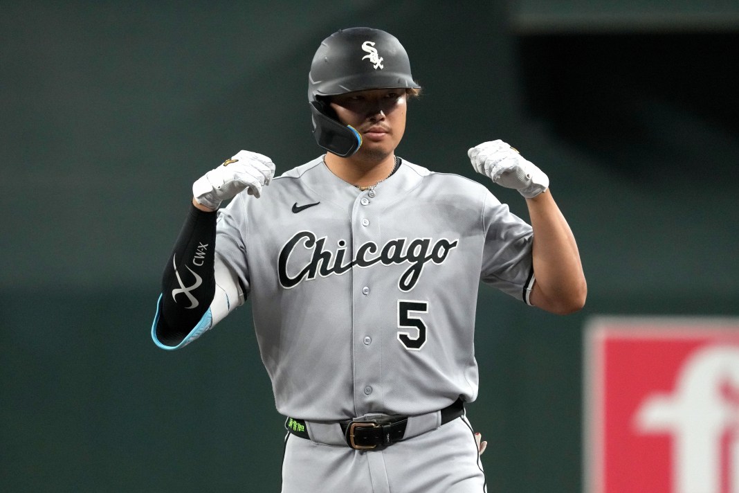 Munetaka Murakami celebrates for the White Sox against the Diamondbacks in the 2026 MLB season.