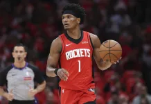 2025-26 NBA Playoffs Predictions Today: Best Bets and Player Props – April 26 Rockets forward Amen Thompson brings the ball up against the Lakers during the 2025-26 NBA season.