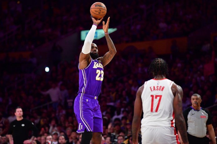 Lakers star LeBron James takes a shot against the Rockets during the 2025-26 NBA Playoffs.