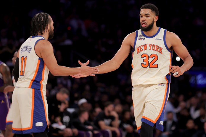 Knicks stars Jalen Brunson and Karl-Anthony Towns during a game against the Lakers in the 2025-26 NBA season.