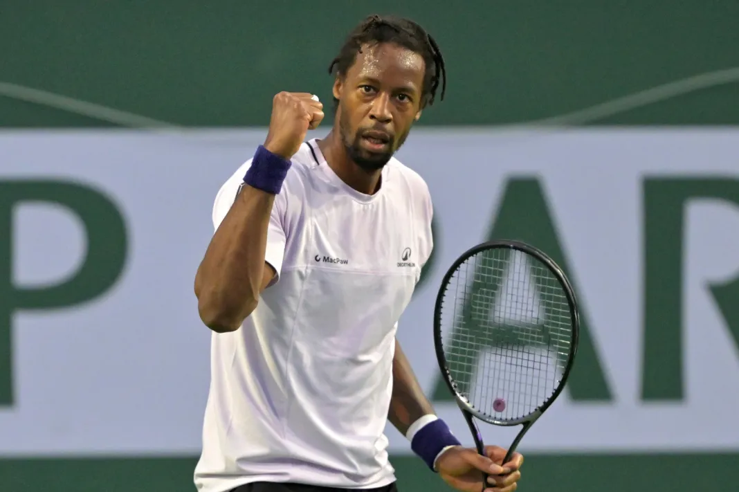 Tennis: BNP Paribas Open Gael Monfils celebrates a point against Alexis Galarneau at the 2026 BNP Paribas Open in Indian Wells.