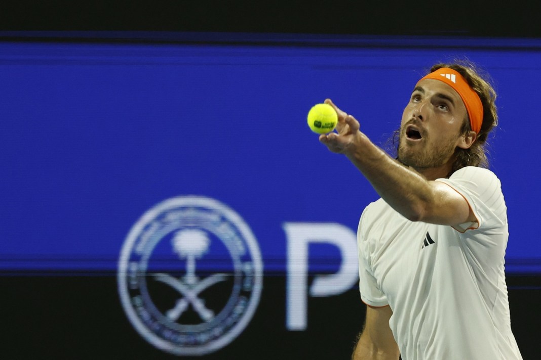 Stefanos Tsitsipas looks to serve against Arthur Fils during the 2026 Miami Open.