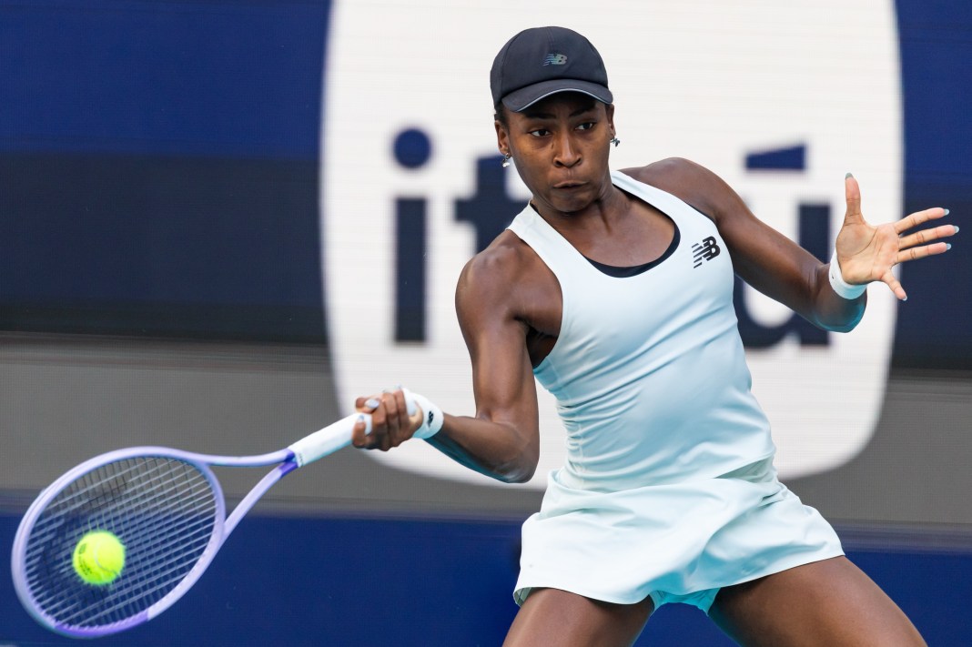 Coco Gauff hits a forehand against Aryna Sabalenka in the 2026 Miami Open final.