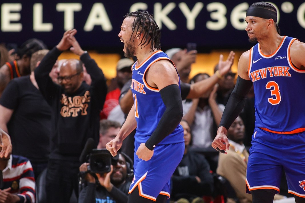 Knicks star Jalen Brunson celebrates a play against the Hawks during the 2025-26 NBA Playoffs.