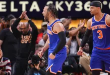 NBA Playoffs Series Preview: Knicks vs. 76ers Prediction Knicks star Jalen Brunson celebrates a play against the Hawks during the 2025-26 NBA Playoffs.