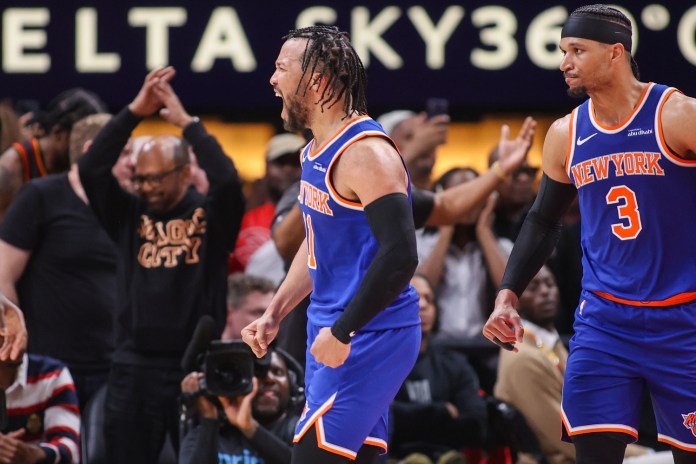 Knicks star Jalen Brunson celebrates a play against the Hawks during the 2025-26 NBA Playoffs.