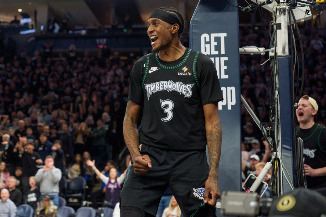 Timberwolves forward Jaden McDaniels reacts to a play against the Nuggets during the 2026-26 NBA Playoffs.