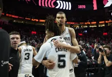 NBA Playoffs Series Preview: Spurs vs. Timberwolves Prediction Spurs stars Victor Wembanyama and Stephon Castle celebrate a win over the Trail Blazers in the 2025-26 NBA Playoffs.
