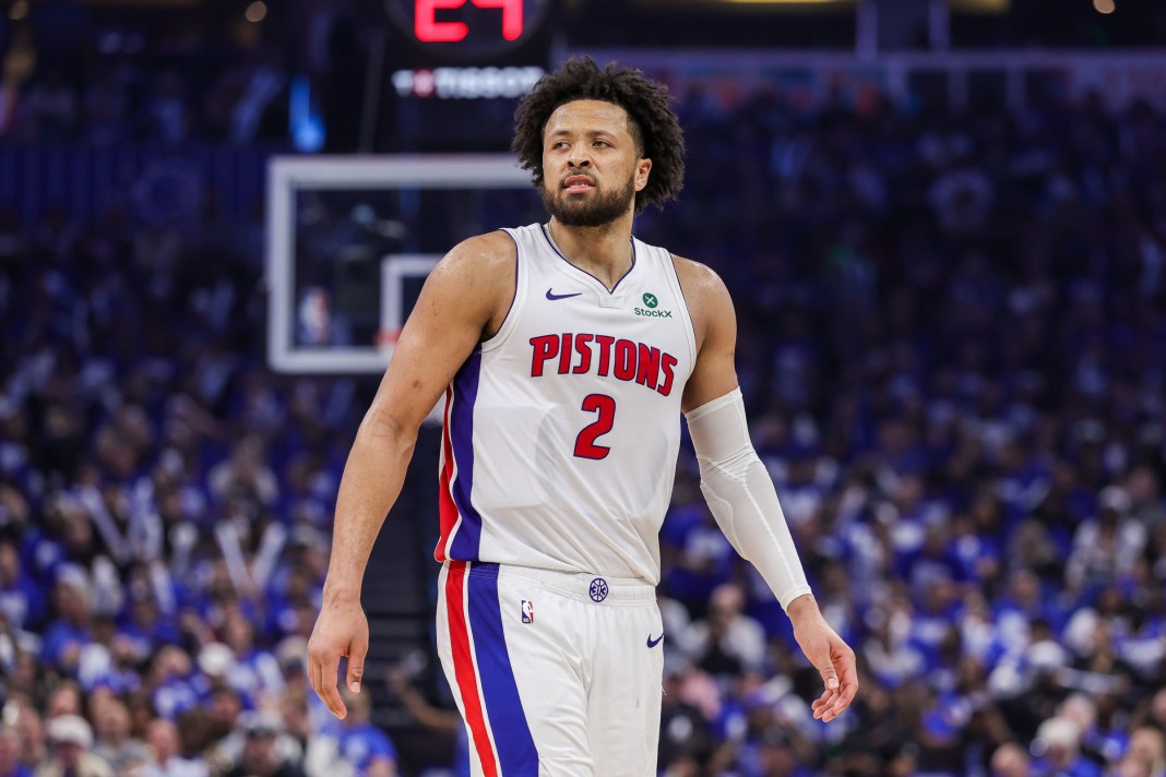 Pistons star Cade Cunningham looks on against the Magic during the 2025-26 NBA Playoffs.