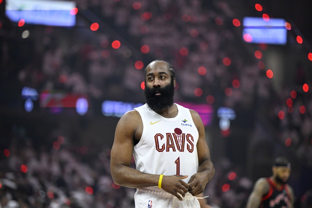 Cavaliers star James Harden looks on against the Raptors during the 2025-26 NBA Playoffs.