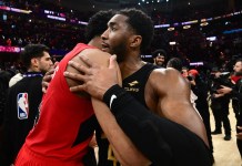 NBA Playoffs Round 2 Begins Monday; Knicks-76ers and Spurs-Timberwolves Picks Cavaliers guard Donovan Mitchell (45) hugs Toronto Raptors forward Scottie Barnes.