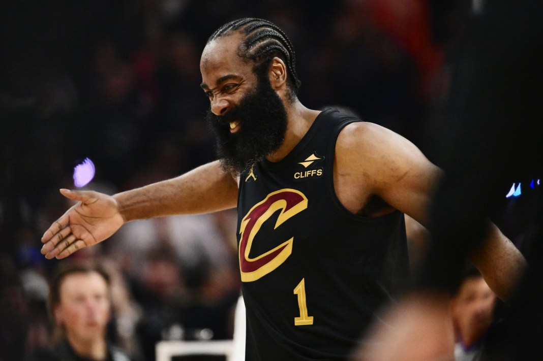 James Harden reacts to a basket against the Raptors during the 2025-26 NBA Playoffs.