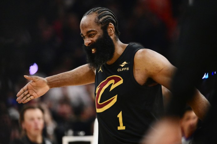 James Harden reacts to a basket against the Raptors during the 2025-26 NBA Playoffs.