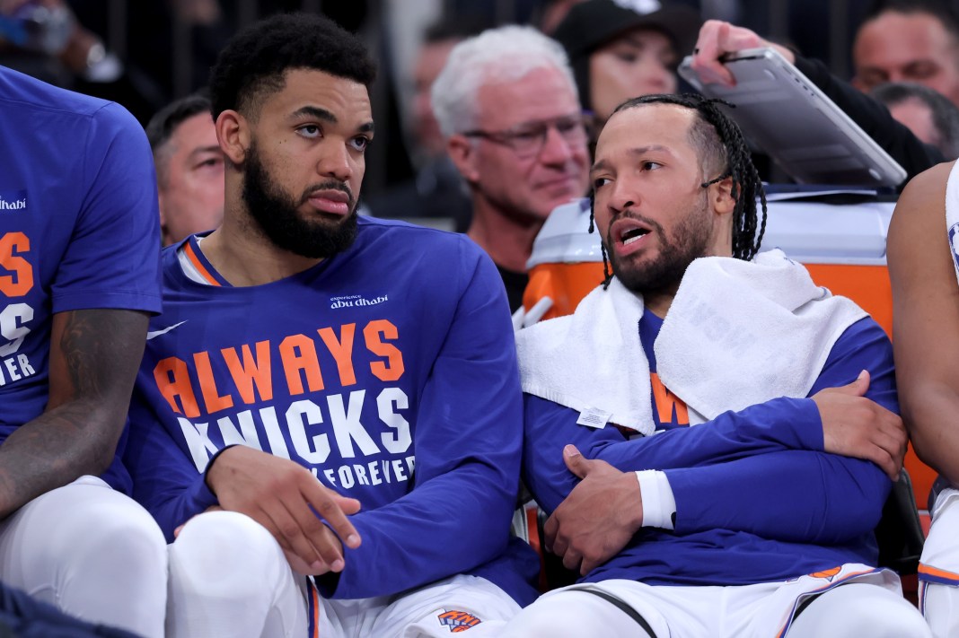 May 4, 2026; New York, New York, USA; New York Knicks guard Jalen Brunson (11) talks to center Karl-Anthony Towns (32) during the fourth quarter of game one of the eastern conference semifinal round of the 2026 NBA Playoffs against the Philadelphia 76ers at Madison Square Garden. Mandatory Credit: Brad Penner-Imagn Images