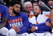 Knicks rout 76ers, Timberwolves stun Spurs as NBA conference semifinals continue Tuesday May 4, 2026; New York, New York, USA; New York Knicks guard Jalen Brunson (11) talks to center Karl-Anthony Towns (32) during the fourth quarter of game one of the eastern conference semifinal round of the 2026 NBA Playoffs against the Philadelphia 76ers at Madison Square Garden. Mandatory Credit: Brad Penner-Imagn Images