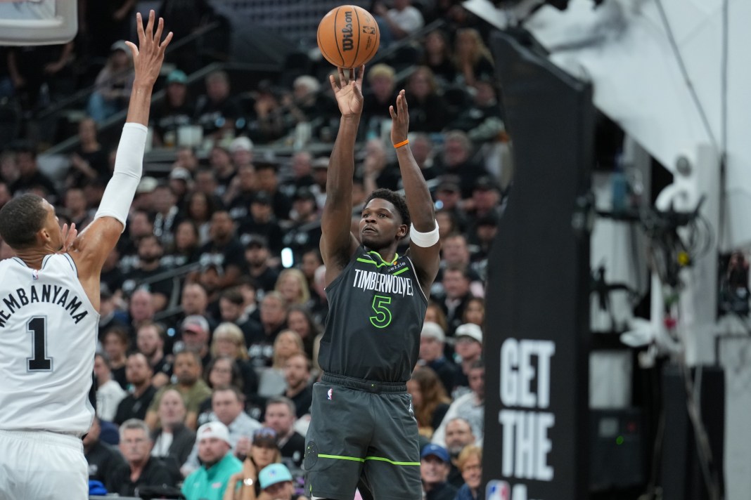 Timberwolves superstar Anthony Edwards takes a jumper against the Spurs during the 2025-26 NBA Playoffs.