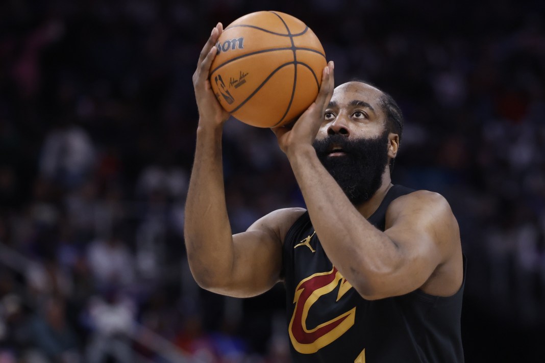 Cavaliers superstar James Harden shoots a free throw against the Pistons during the 2025-26 NBA Playoffs.