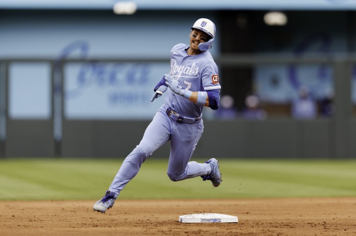 Royals star Bobby Witt Jr. runs the bases against the Tigers during the 2026 MLB season.