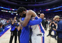 NBA Playoff Best Bets for Monday: Thunder-Lakers and Pistons-Cavs Previews Philadelphia 76ers center Joel Embiid (21) reacts with New York Knicks guard Jalen Brunson