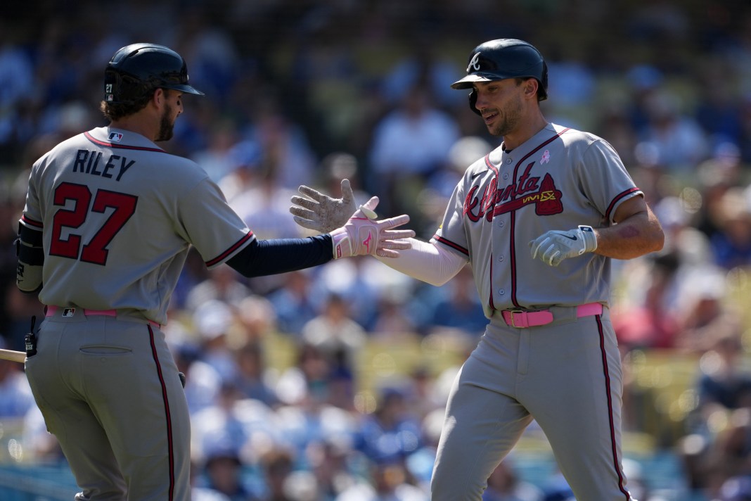 Braves star Matt Olson celebrates a home run against the Dodgers during the 2026 MLB season.