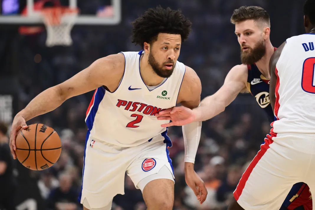 NBA: Playoffs-Detroit Pistons at Cleveland Cavaliers Pistons star Cade Cunningham drives to the basket against the Cavaliers during the 2025-26 NBA Playoffs.