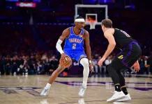 Spurs vs. Thunder Game 1 Pick: 2025-26 NBA Playoffs Predictions and Odds Thunder star Shai Gilgeous-Alexander drives against the Lakers during the 2025-26 NBA Playoffs.