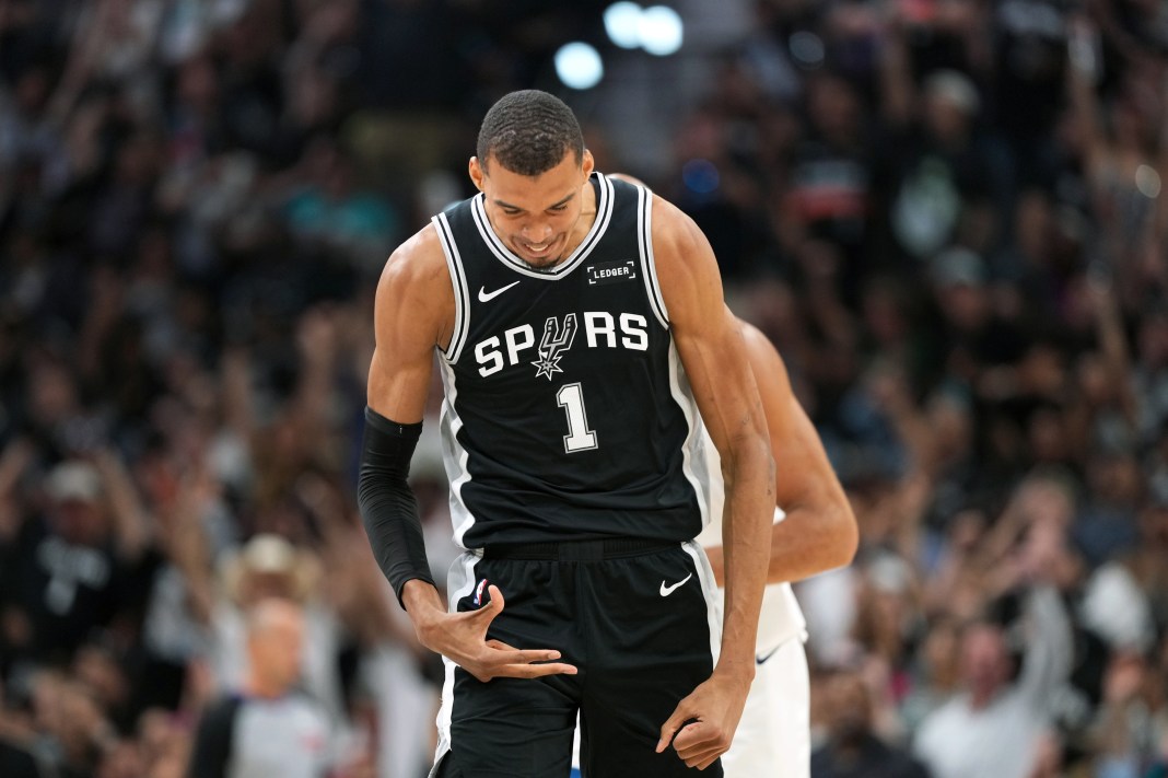 NBA: Playoffs-Minnesota Timberwolves at San Antonio Spurs Spurs star Victor Wembanyama celebrates a three against the Timberwolves during the 2025-26 NBA Playoffs.