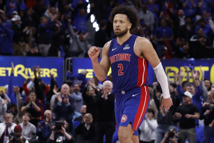 Pistons superstar Cade Cunningham celebrates a big play against the Cavaliers during the 2025-26 NBA Playoffs.