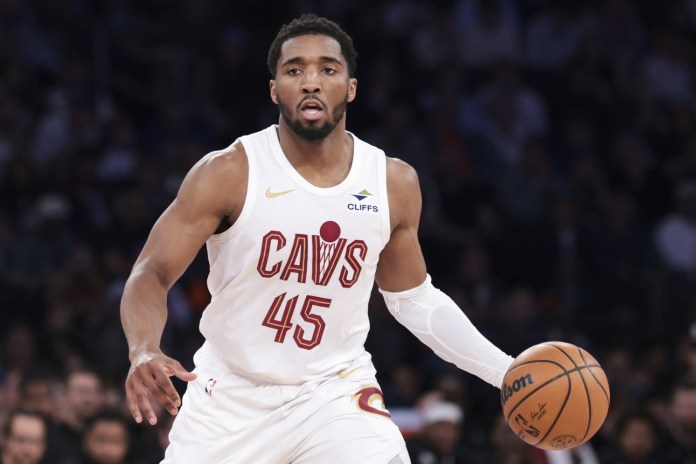 Cavaliers star Donovan Mitchell handles the ball against the Knicks during the 2025-26 NBA Playoffs.