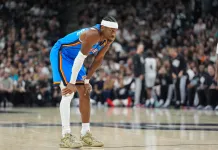 Spurs vs. Thunder Game 5 Pick: 2025-26 NBA Playoffs Predictions and Odds Thunder superstar Shai Gilgeous-Alexander looks on against the Spurs during the 2025-26 NBA Playoffs.