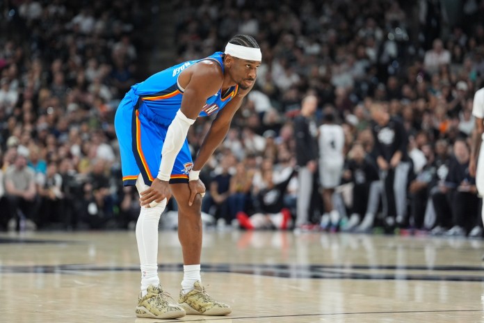 Thunder superstar Shai Gilgeous-Alexander looks on against the Spurs during the 2025-26 NBA Playoffs.