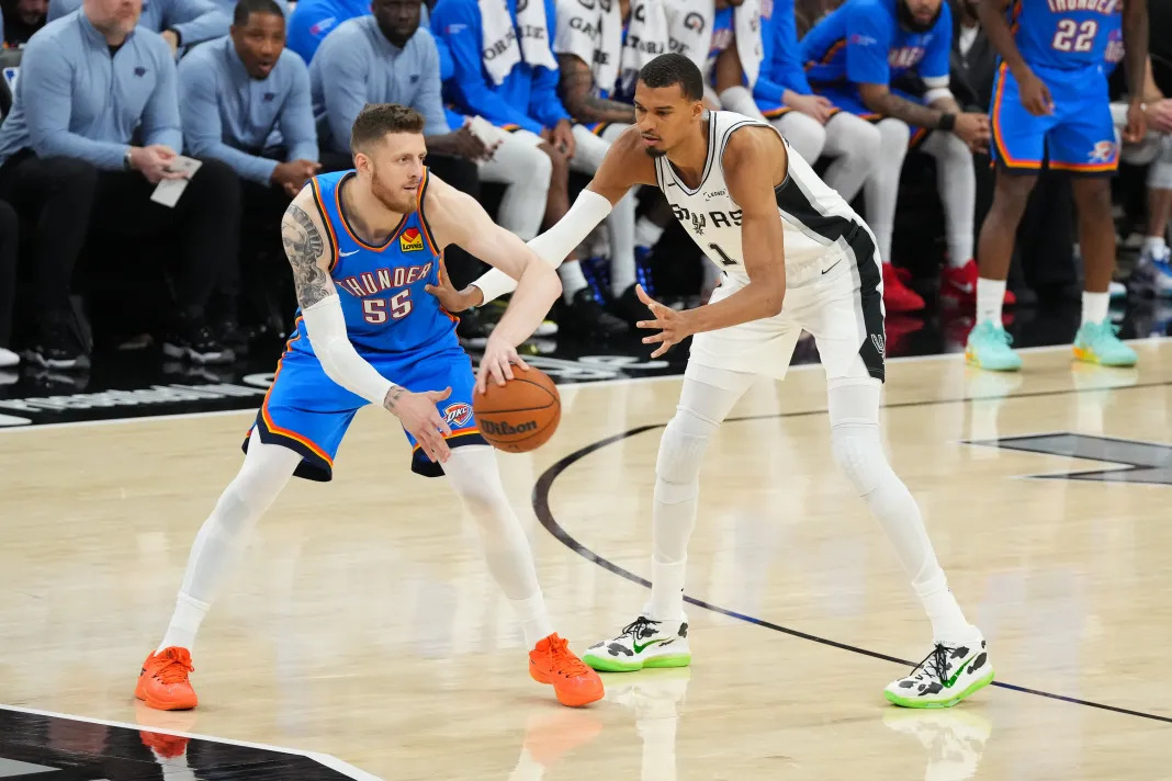 NBA: Playoffs-Oklahoma City Thunder at San Antonio Spurs Isaiah Hartenstein Oklahoma City Thunder center and Victor Wembanyama San Antonio Spurs center