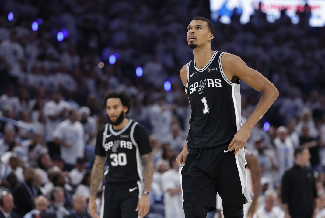 Spurs star Victor Wembanyama looks on during Game 5 against the Thunder in the 2025-26 NBA Playoffs.
