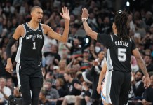 Spurs vs. Thunder Game 7 Pick: 2025-26 NBA Playoffs Predictions and Odds Spurs stars Victor Wembanyama and Stephon Castle celebrate a play against the Thunder in the 2025-26 NBA Playoffs.