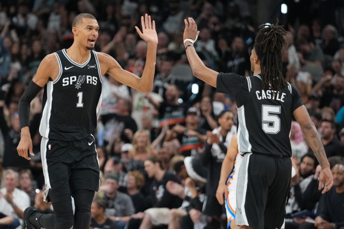 Spurs stars Victor Wembanyama and Stephon Castle celebrate a play against the Thunder in the 2025-26 NBA Playoffs.