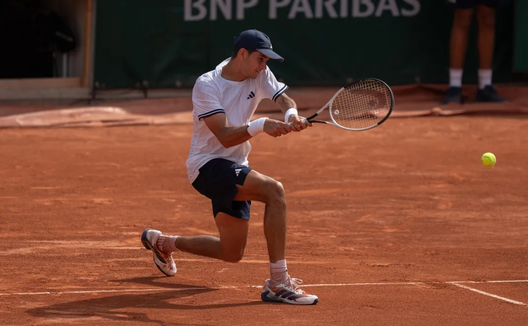 Tennis: French Open Rafael Jodar hits a backhand against Alex Michelsen at the 2026 French Open.