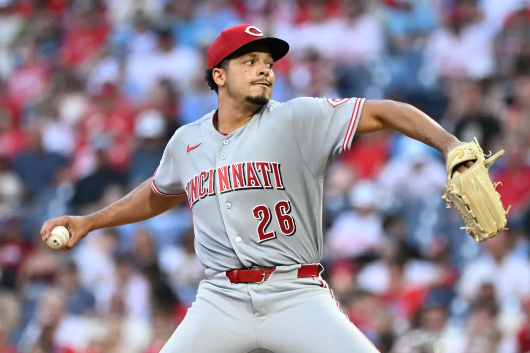 MLB: Cincinnati Reds at Philadelphia Phillies Reds ace Chase Burns throws a pitch against the Phillies during the 2026 MLB season.