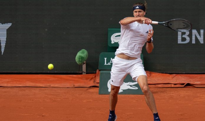 Alexander Zverev hits a forehand at the 2026 French Open.