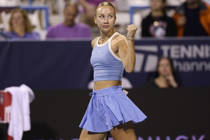 Anastasia Potapova celebrates a point at the Mubadala DC Open during the 2026 tennis season.