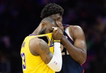 LeBron James to the 76ers: Betting Impact on NBA Futures LeBron James and Joel Embiid talk during the 2023-24 NBA season.