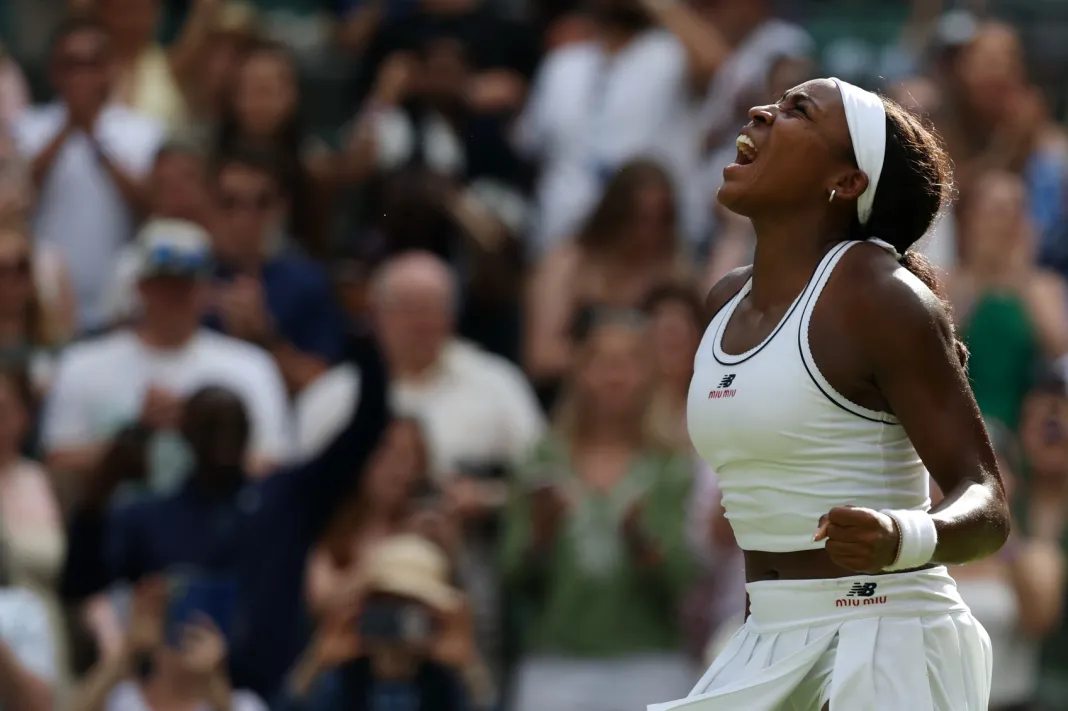 Tennis: The Wimbledon Championships Coco Gauff celebrates a win over Solana Sierra at Wimbledon 2026.